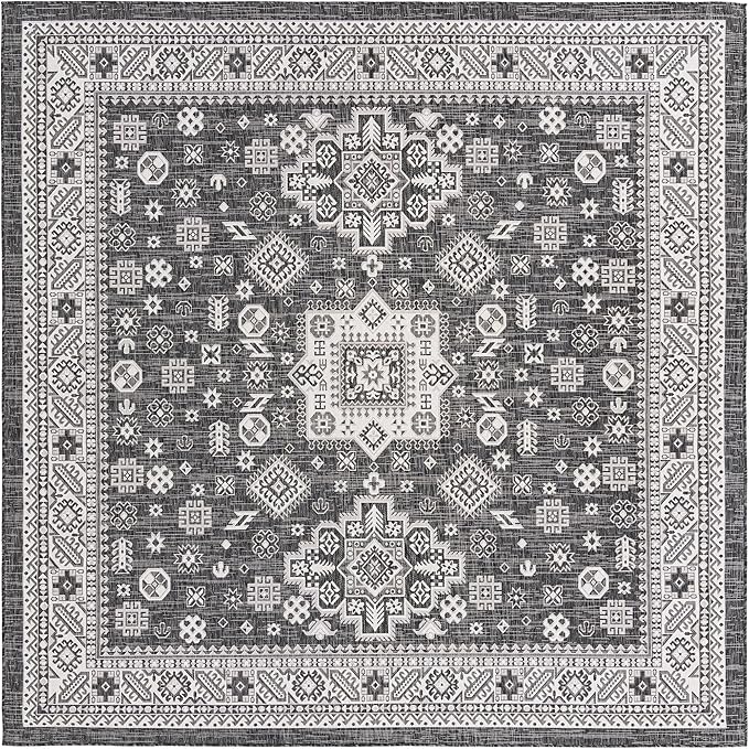 Rugs.com Outdoor Aztec Collection Rug – 10 Ft Square Charcoal Gray Flatweave Rug Perfect for Living Rooms, Kitchens, Entryways