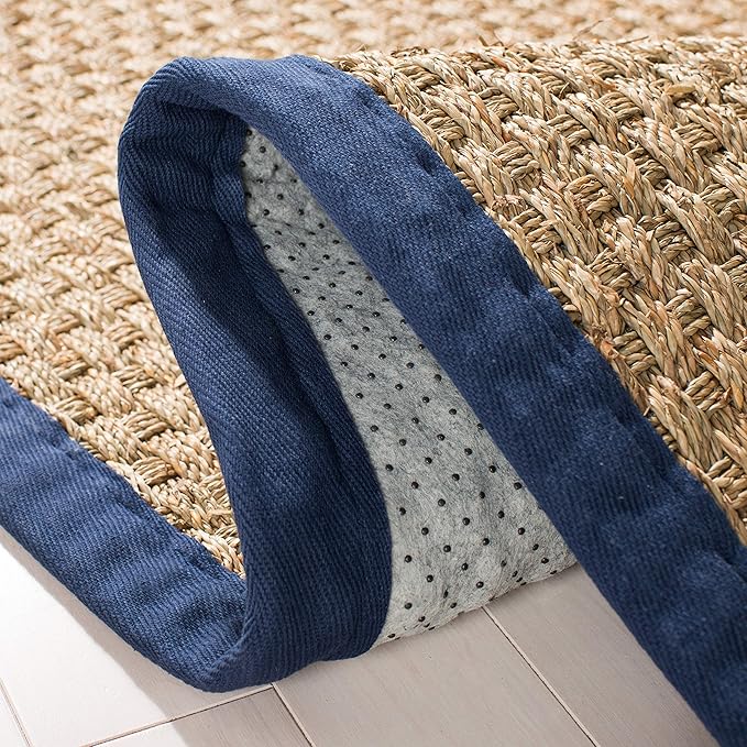 SAFAVIEH Area Rug 8' Round - Natural Fiber Collection - Large - Natural & Blue, Seagrass, Basketweave Pattern with Border (NF114E)