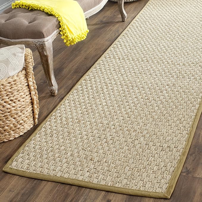 SAFAVIEH Natural Fiber Collection Runner Rug - 2'6" x 10', Natural & Olive Green, Seagrass, Basketweave Pattern with Border (NF114G)
