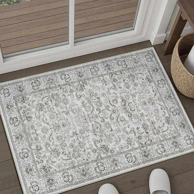 HUGEAR 2x3 Entryway Area Rug Grey Small Rug Machine Washable Door Mat Neutral Vintage Floral Low Pile Carpet Distressed Throw Rug Entrance Kitchen Bathroom Bedroom Office Non Slip Soft Lightweight
