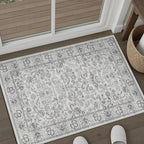 HUGEAR 2x3 Entryway Area Rug Grey Small Rug Machine Washable Door Mat Neutral Vintage Floral Low Pile Carpet Distressed Throw Rug Entrance Kitchen Bathroom Bedroom Office Non Slip Soft Lightweight