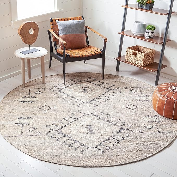 SAFAVIEH Kilim Collection Area Rug - 3' Round, Grey & Black, Tribal Boho Design, Handmade Flatweave Premium Jute, Ideal for The Living Room, Bedroom, Dining Room (KLM762F-3R)