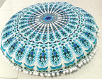 INDIAN CRAFT CASTLE 24" Green Peacock Mandala Barmeri Large Floor Pillow Cover Cushion Meditation Seating Ottoman Throw Cover Hippie Decorative Zipped Bohemian Pouf Ottoman Pom Pom Cases 24" Round