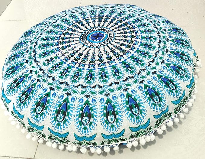 CRAFT KALA Mandala Floor Pillow Cushion Cover Seating Throw Cover Hippie Decorative Bohemian Ottoman Poufs Pom Pom Pillow Cases Boho Indian Cotton Living Room Yoga Home Décor 24" Round Sky Blue Mirchi