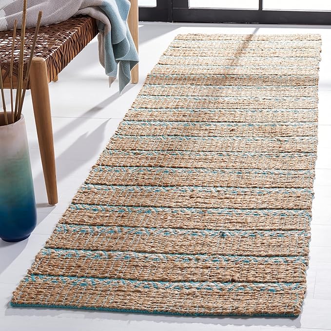 SAFAVIEH Natural Fiber Collection Runner Rug - 2'3" x 8', Teal & Natural, Handmade Flat Weave Stripe Jute & Cotton Jute, Ideal for High Traffic Areas in Living Room, Bedroom (NFB655K)