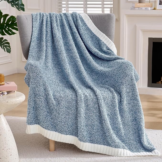 Joiedomi Throw Blanket for Couch Bed Sofa, Blue Knitted Blankets Gifts for Women Mom Girls, Cozy Cute Soft Throw Home Room Decor Aesthetic for Women Mothers Birthday Gifts 50x70 Inches