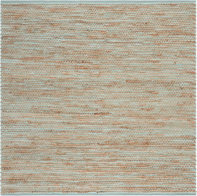 SAFAVIEH Cape Cod Collection Area Rug - 6' Square, Turquoise & Natural, Handmade Jute & Cotton, Ideal for Living Room, Bedroom, Dining Space (CAP236K)