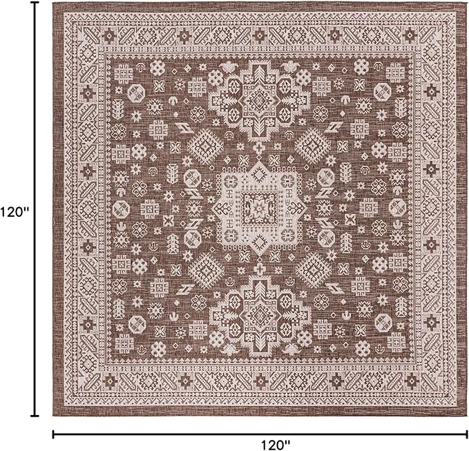 Rugs.com Outdoor Aztec Collection Rug – 10 Ft Square Brown Flatweave Rug Perfect for Living Rooms, Kitchens, Entryways