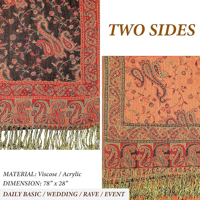 Achillea Reversible Paisley Pashmina Rave Scarf – Exotic Indian Shawls and Wraps for Evening Dresses, Festivals, All Seasons