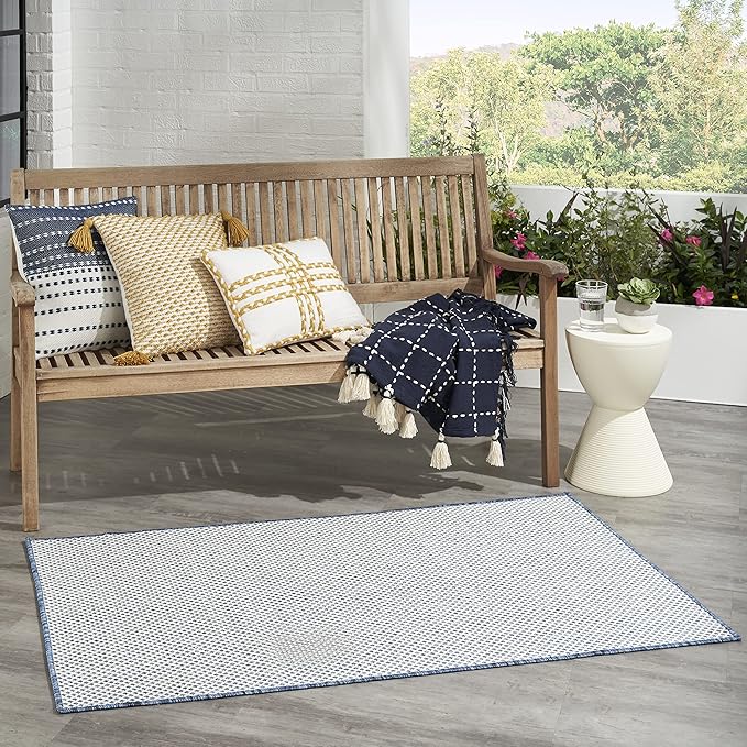 Nourison Home Courtyard Ivory Blue 3' x 5' Area Rug - Easy Clean, Non Shedding, Bed Room, Living Room, Dining Room, Kitchen (3' x 5')