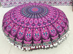 INDIAN CRAFT CASTLE 24" Pink Peacock Mandala Barmeri Large Floor Pillow Cover Cushion Meditation Seating Ottoman Throw Cover Hippie Decorative Zipped Bohemian Pouf Ottoman Pom Pom Cases 24" Round