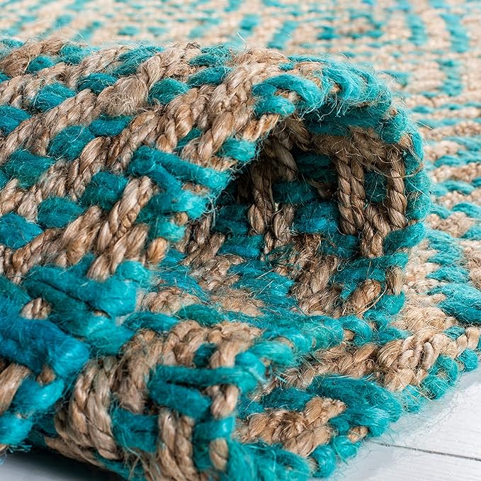 SAFAVIEH Natural Fiber Collection Area Rug - 6' Square, Turquoise & Natural, Handmade Boho Diamond Tassel Jute, Ideal for High Traffic Areas in Living Room, Bedroom (NF266C)
