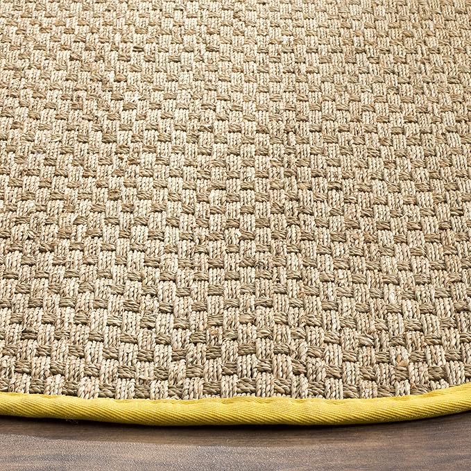 SAFAVIEH Area Rug 6' Round - Natural Fiber Collection - Natural & Gold, Seagrass, Basketweave Pattern with Border (NF114X)