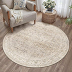 HUGEAR 5ft Round Rug Entryway Rugs Machine Washable Beige Hallway Area Rug 5x5 Small Circle Floral Low Pile Carpet Vacuumable Throw Rug Living Room Laundry Entrance Non Slip Soft Lightweight