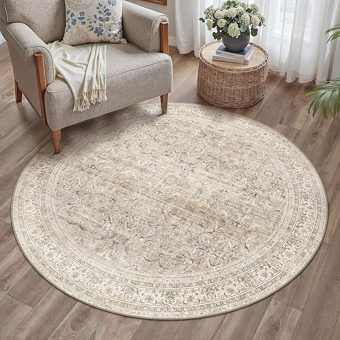 HUGEAR 4ft Round Rug Entryway Rugs Machine Washable Beige Hallway Area Rug 4x4 Small Circle Floral Low Pile Carpet Vacuumable Throw Rug Living Room Laundry Entrance Non Slip Soft Lightweight