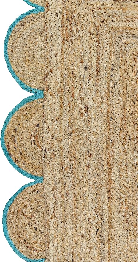 Scalloped Natural Jute Area Rug, Teal Trim, 2'6"x14'