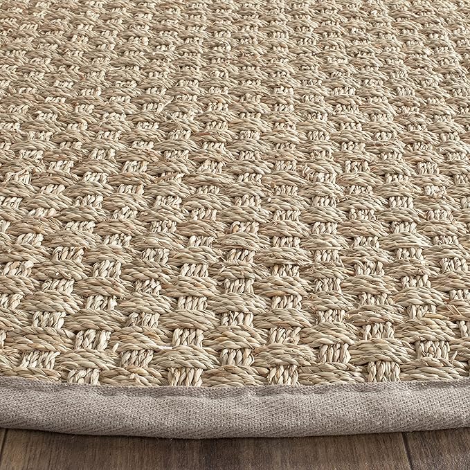 SAFAVIEH Area Rug 8' Round - Natural Fiber Collection - Natural & Grey, Seagrass, Basketweave Pattern with Border (NF114P)