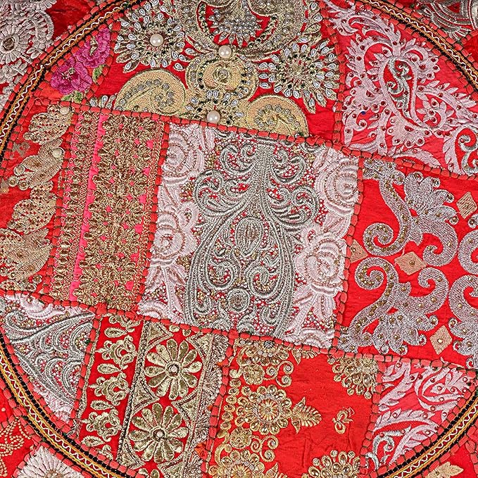 Indian Handmade Patchwork Codework Red Round Pouf Cover Ottoman Floor Pillow Cushion Seating Throw Decorative Pom Pom Pillow Cases Boho 32 Inches,BFPC0108