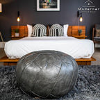 Moderner Faux Leather Pouf Unstuffed Ottoman Moroccan Footstool, Floor Footrest Cushion, Storage Solution - Natural Brown Color (Dark Grey, Round)