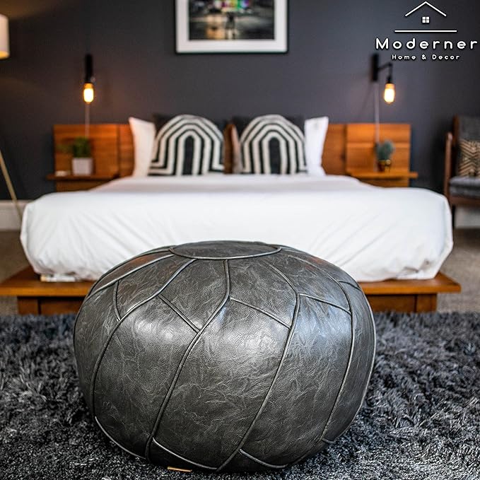 Moderner Faux Leather Pouf Unstuffed Ottoman Moroccan Footstool, Floor Footrest Cushion, Storage Solution - Natural Brown Color (Dark Grey, Round)