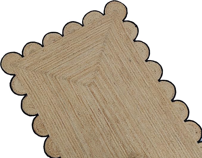 Scalloped Natural Jute Area Rug, Black Trim, 2'x16'