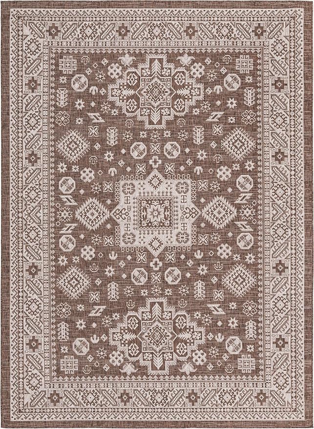 Rugs.com Outdoor Aztec Collection Rug – 8' x 11' Brown Flatweave Rug Perfect for Living Rooms, Large Dining Rooms, Open Floorplans