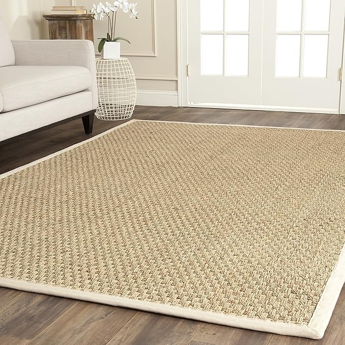 SAFAVIEH Area Rug 11' Square - Natural Fiber Collection - Large - Natural & Ivory, Seagrass, Basketweave Pattern with Border (NF114J)