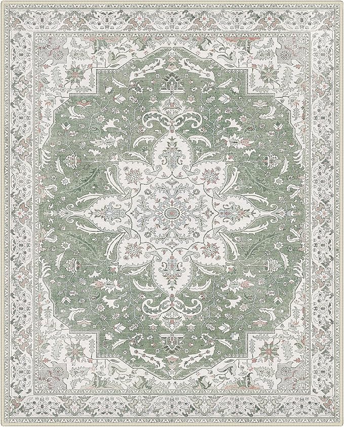 GENIMO 8X10 Washable Vintage Area Rugs for Living Room, Non-Slip Low Pile Chenille Print Rug, Soft Rugs for Bedroom Dining Room Home Office, Sage & Linen