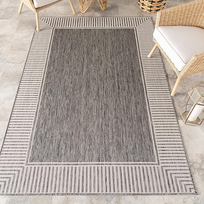 Nuloom Asha Grey/Ivory, 8' x 10', Casual, Striped Border, Soft and Cozy, High Traffic, Stain Resistant, Easy Clean, Durable Area Rug for Indoor/Outdoor Patio, Deck, Porch, Garden, Courtyard