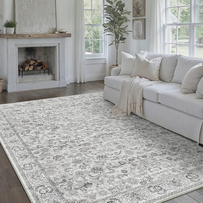 HUGEAR Grey Area Rug 6x9 Machine Washable Living Room Rugs Distressed Neutral Vintage Floral Low Pile Carpet Bedroom Office Dining Room Laundry Room Non Slip Soft Lightweight