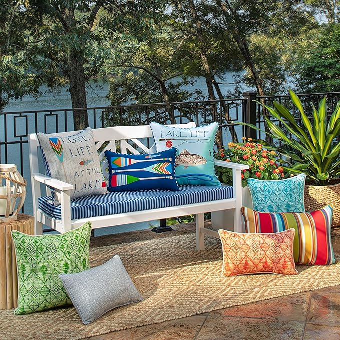Pillow Perfect Stripe Indoor/Outdoor Accent Throw Pillow, Plush Fill, Weather, and Fade Resistant, Large Lumbar - 16.5" x 24.5", Blue/White Resprt Stripe, 2 Count