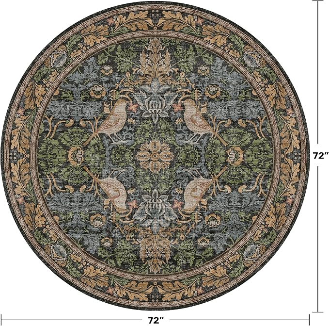 Washable Round Area Rugs 6ft for Living Room, Green Forest Soft Non-Slip Circle Rug with Rubber Backing, Vintage Large Boho Floral Bird Carpet for Bedroom, Kitchen, Nursery, Stain Resistant