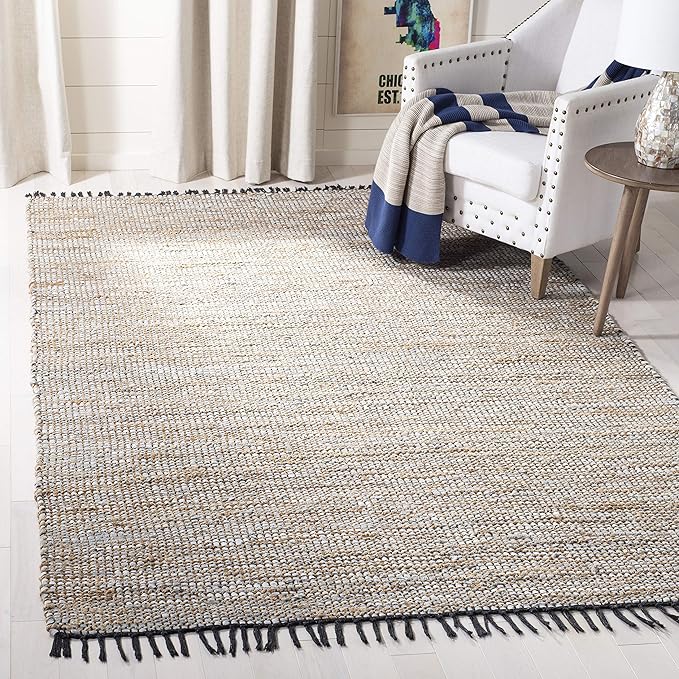 SAFAVIEH Vintage Leather Collection Accent Rug - 4' x 6', Silver, Handmade Boho Fringe Leather & Jute, Ideal for High Traffic Areas in Entryway, Living Room, Bedroom (VTL203G)