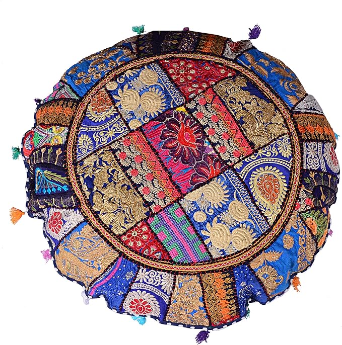 Rajasthani Handmade Colorful Decorative Floor Pillow Cover Meditation Patchwork Patchwork Cushion Seating Accent Boho Chic Indian Handmade Cover ONLY (Blue, 32X32 Inches)