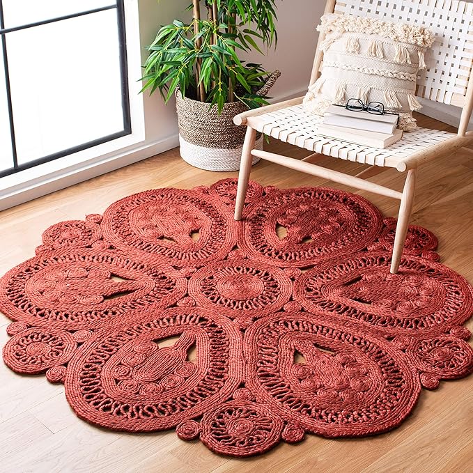 SAFAVIEH Area Rug 3' Round - Natural Fiber Collection - Rust, Handmade Jute, Decorative Boho Floral Design (NF360P)