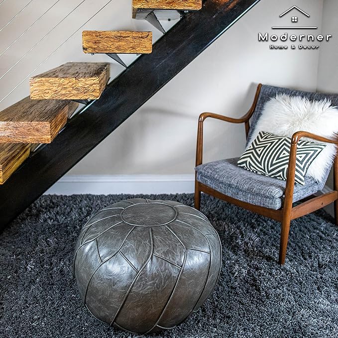 Moderner Faux Leather Pouf Unstuffed Ottoman Moroccan Footstool, Floor Footrest Cushion, Storage Solution - Natural Brown Color (Dark Grey, Round)
