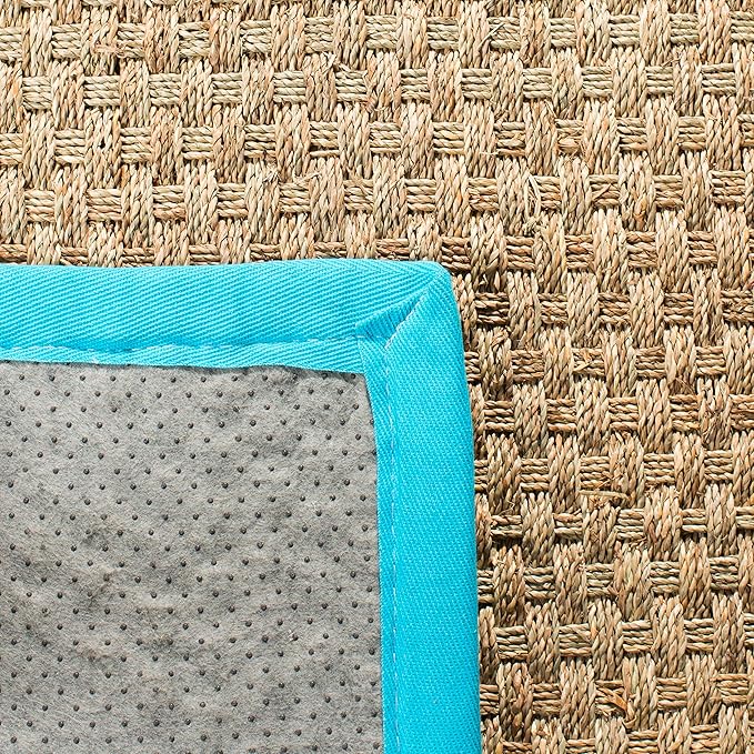 SAFAVIEH Area Rug 3x5 - Natural Fiber Collection - Natural & Turquoise, Seagrass, Basketweave Pattern with Border (NF114S)