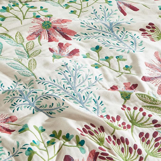 Boho Throw Blanket for Bed 80”x90”, 100% Cotton Woven Blanket for Couch Sofa, Ultra Soft 4-Layer Muslin Quilt with Floral Printed, Farmhouse Bed Blanket/Cover for Living Room Decor