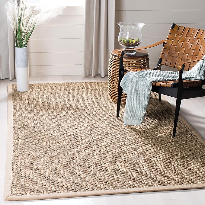 SAFAVIEH Area Rug 5x7 - Natural Fiber Collection - Natural & Beige, Seagrass, Basketweave Pattern with Border (NF114A)