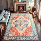 YJ.GWL Area Rugs for Living Room 9x12 Machine Washable Rugs, Non Slip Floral Vintage Rug Indoor Carpet, Stain Resistant Large Rug for Bedroom Dining Room, Red Blue Gradient Color