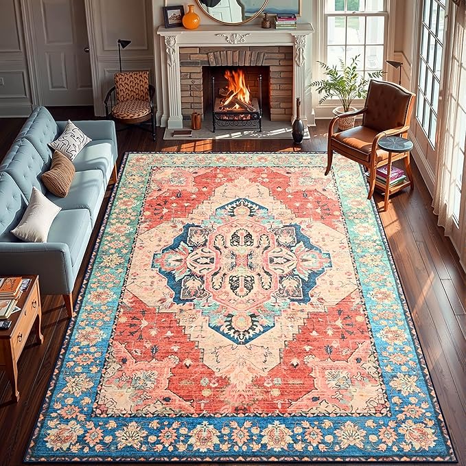 YJ.GWL Area Rugs for Living Room 9x12 Machine Washable Rugs, Non Slip Floral Vintage Rug Indoor Carpet, Stain Resistant Large Rug for Bedroom Dining Room, Red Blue Gradient Color