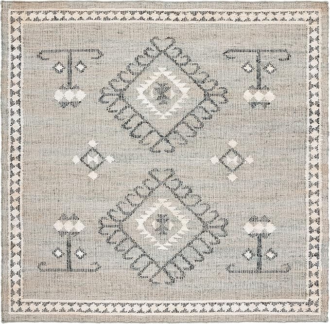 SAFAVIEH Kilim Collection Area Rug - 7' Square, Blue & Black, Flat Weave Jute Design, Ideal for High Traffic Areas in Living Room, Bedroom (KLM762M)