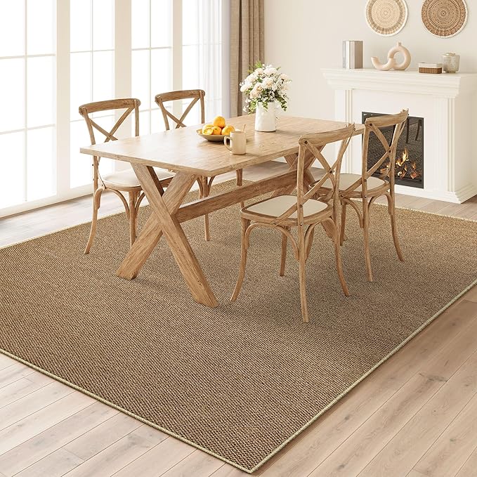 Faux Jute Non-Slip Area Rug, 9x12 Washable Pet-Friendly Floor Mat for Living Room, Bedroom, Entryway, Machine Woven Durable Scratch Resistant Carpet, Brown