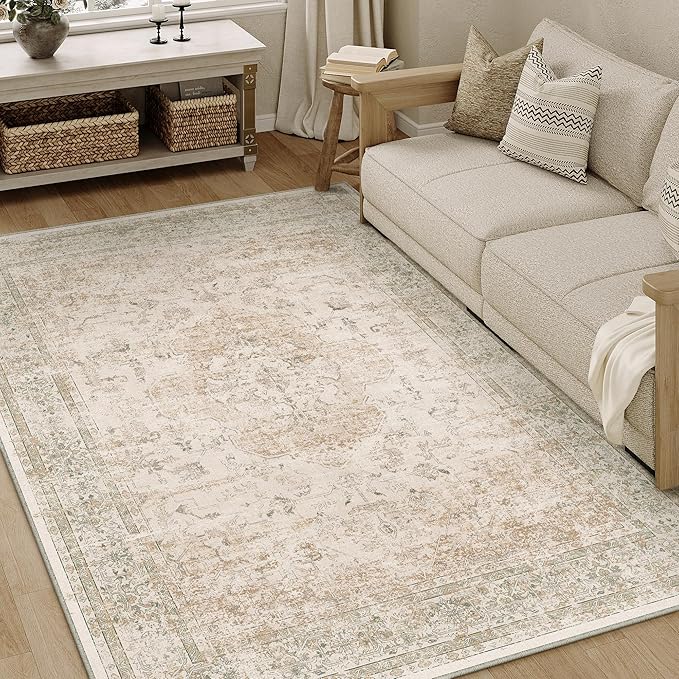 4x5 Washable Area Rug Beige Vintage Distressed Carpet for Office Oriental Soft Thin Indoor Retro Mat Non Slip Low Pile Floor Cover for Living Ding Room Bedroom Laundry