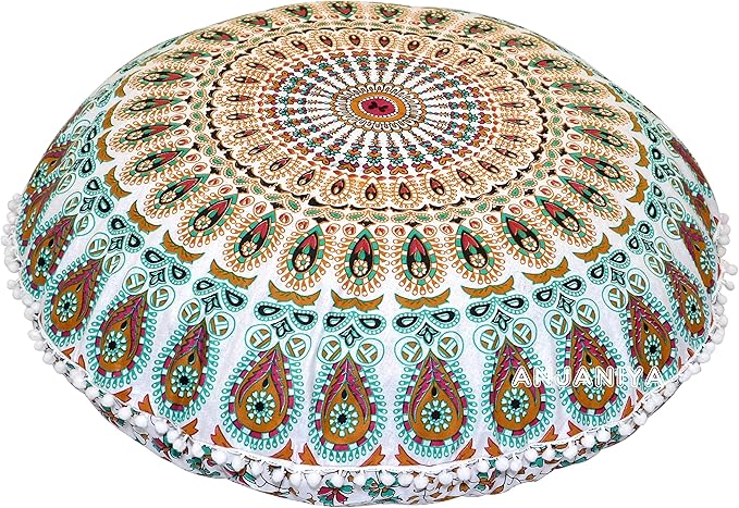 32" Peacock Mandala Bohemian Yoga Meditation Floor Pillow Cover Comfortable Home Car Bed Sofa Cushion Couch Seating Large Zipped Throw (32 inches, White Multi)