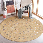 Hand Woven Jute Area Rug - 3' Round - Rustic Beige Reversible Farmhouse Rugs for Living Room, Bedroom, Kitchen - Vintage Natural Braided Entry Floor Décor Circle Boho Round Jute Rug 3ft