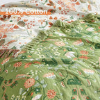Boho Throw Blanket for Bed 80”x90”, 100% Cotton Woven Blanket for Couch Sofa, Ultra Soft 4-Layer Muslin Quilt with Floral Printed, Farmhouse Bed Blanket/Cover for Living Room Decor