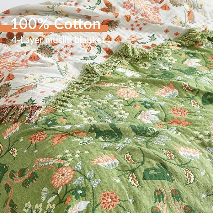Boho Throw Blanket for Bed 60”x80”, 100% Cotton Woven Blanket for Couch Sofa, Ultra Soft 4-Layer Muslin Quilt with Floral Printed, Farmhouse Bed Blanket/Cover for Living Room Decor