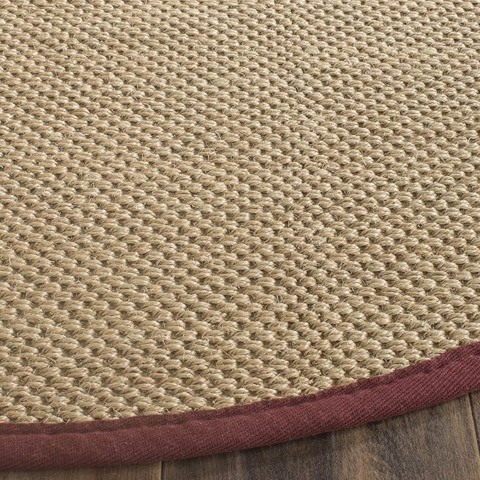 SAFAVIEH Area Rug 6' Round - Natural Fiber Collection - Maize & Burgundy, Sisal, Woven Design with Border (NF141D)