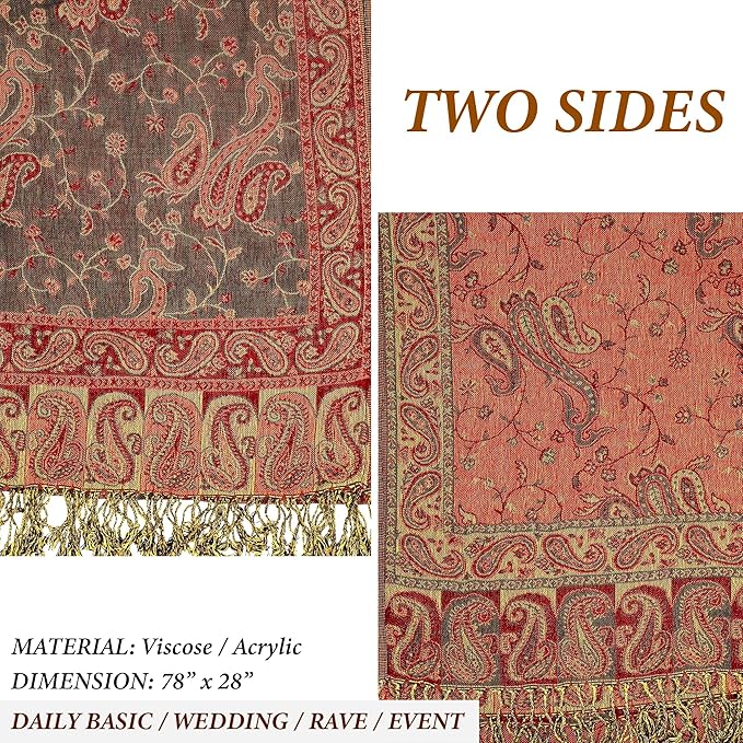 Achillea Reversible Paisley Pashmina Rave Scarf – Exotic Indian Shawls and Wraps for Evening Dresses, Festivals, All Seasons
